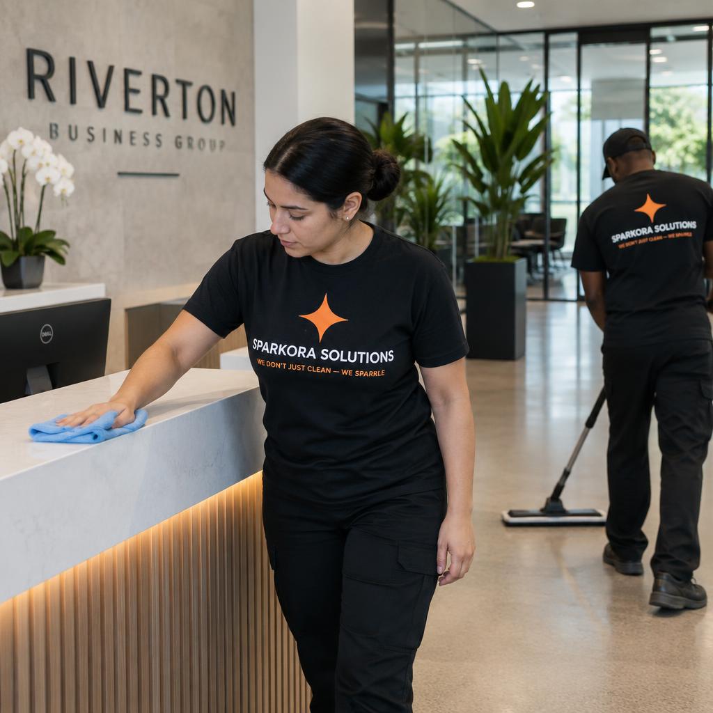 Sparkora team in black uniforms cleaning a commercial office lobby