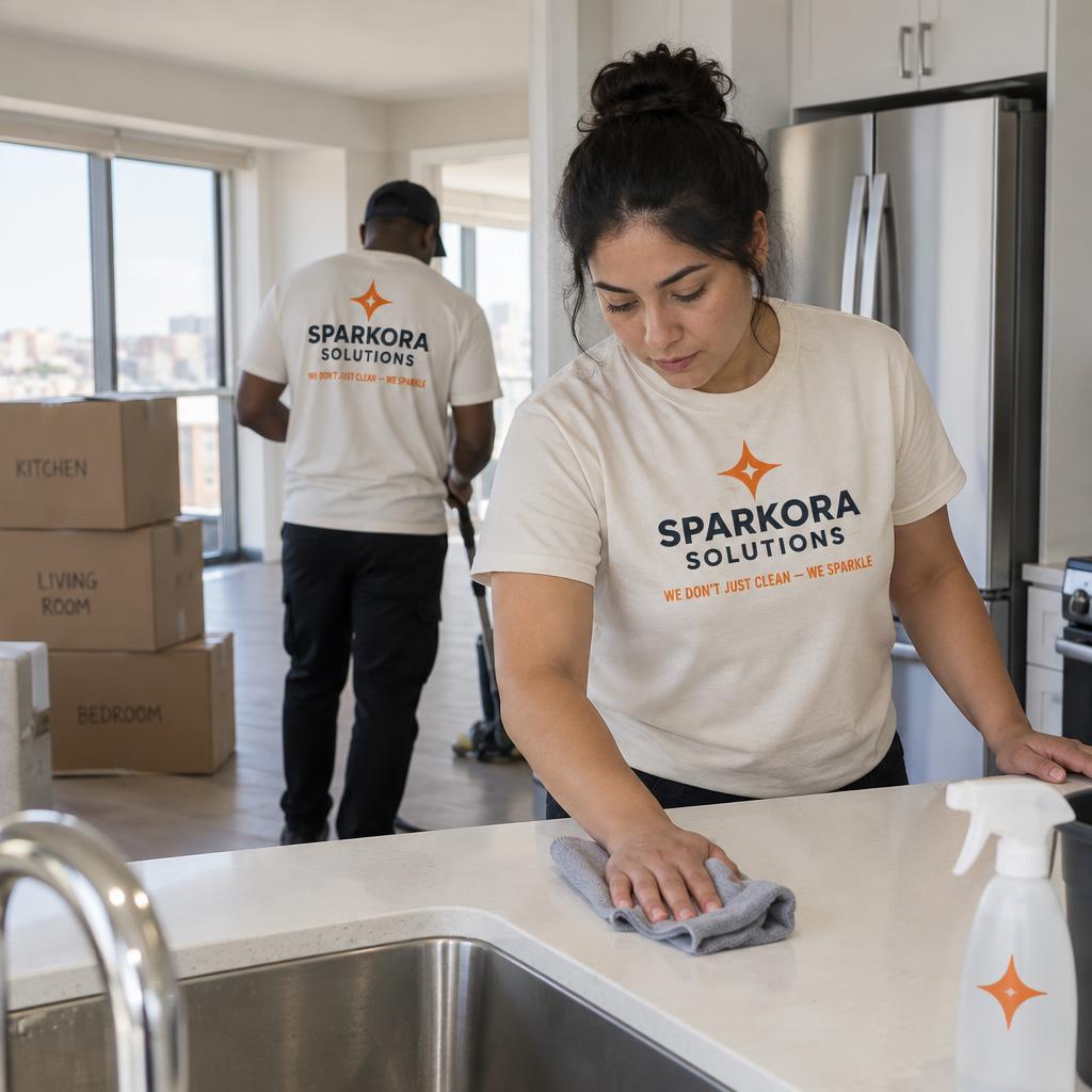 Sparkora team in cream uniforms during a move-out clean