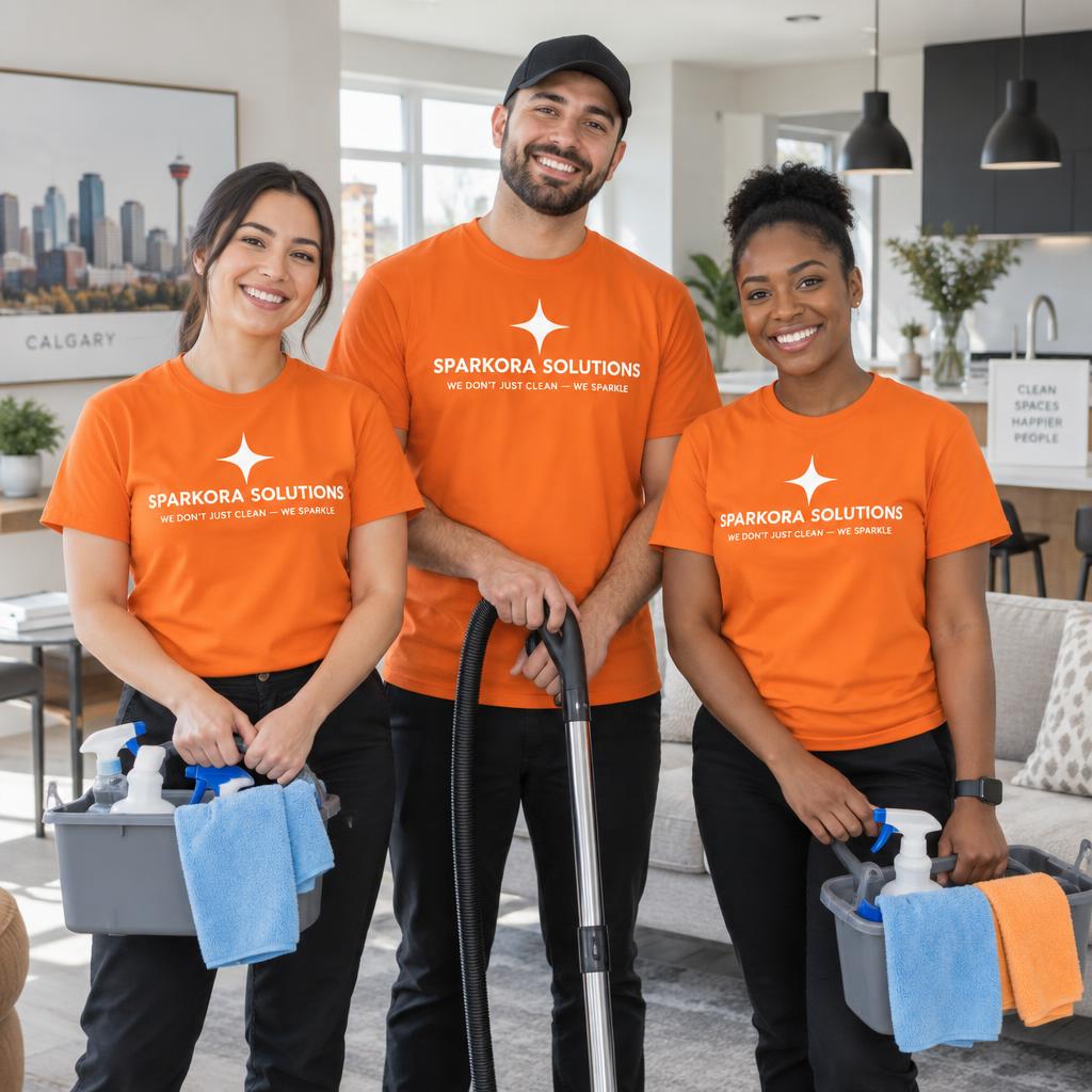 Sparkora team in orange uniforms cleaning a living room