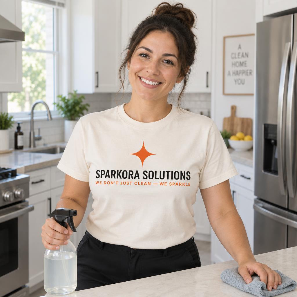 Sparkora cleaner in cream uniform cleaning a kitchen